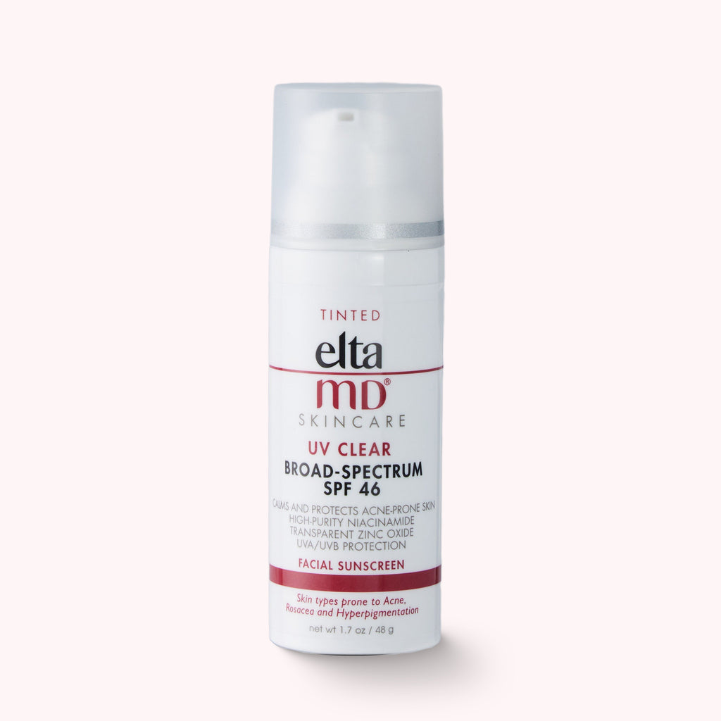 White bottle of ELTA MD SPF 46 UV CLEAR FACIAL SUNSCREEN with 1.7oz (48g) for Skin types prone to Acne.