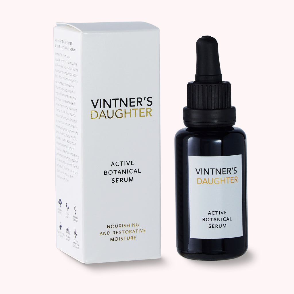Dropper bottle with VINTNER'S DAUGHTER ACTIVE BOTANICAL SERUM next to box of product