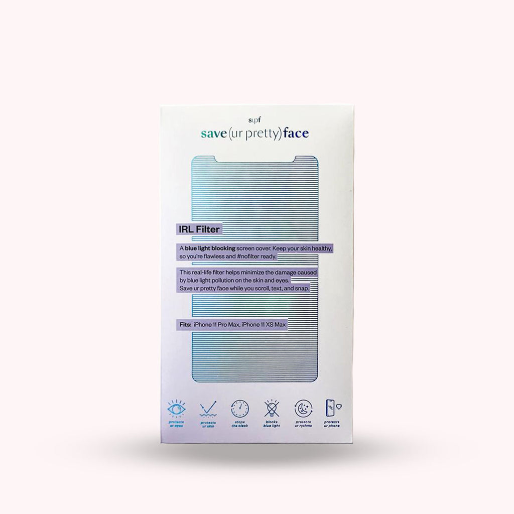Package of Save Your Face iPhone Screen - Protects your skin from the harmful effects of high energy visible light (HEV) like loss of collagen, hyperpigmentation, and dehydration Minimizes the blue light impact on your natural sleep rhythm . iPhone 11 Pro Max, Iphone 11 XS Max
