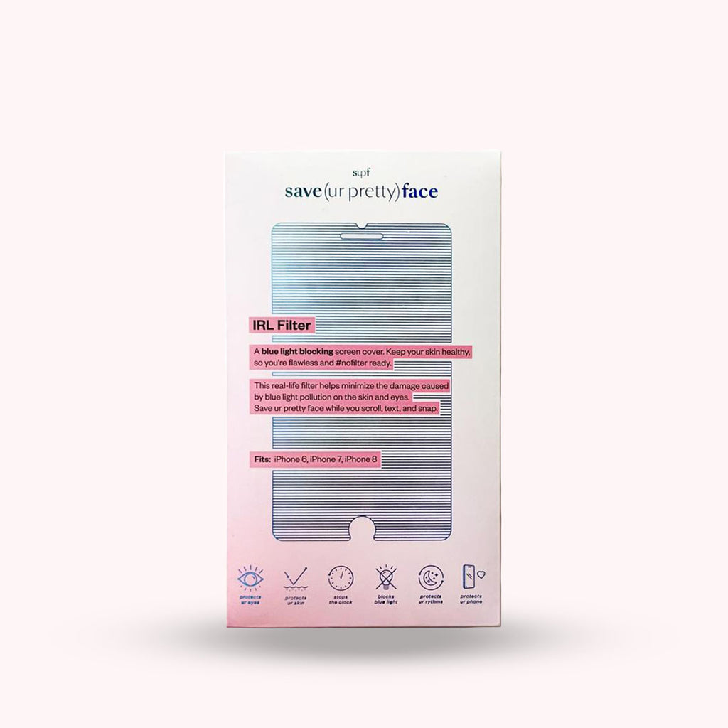 Package of Save Your Face iPhone Screen - Protects your skin from the harmful effects of high energy visible light (HEV) like loss of collagen, hyperpigmentation, and dehydration Minimizes the blue light impact on your natural sleep rhythm. iPhone 6, iPhone 7, Iphone 8