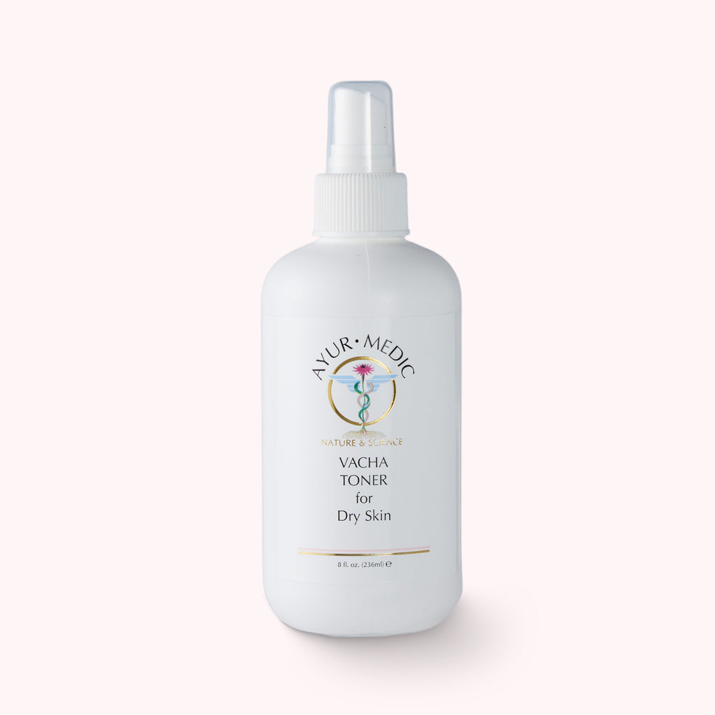 White bottle of AYUR MEDIC VACHA TONER for dry skin