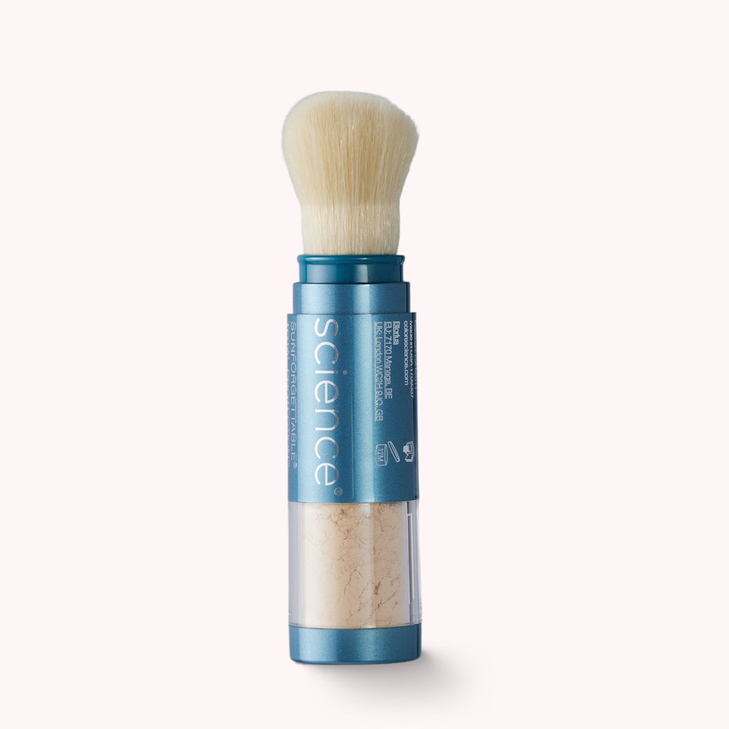 Sunscreen in a blue glass with a brush on the top - COLORE SCIENCE BRUSH ON SHIELD SPF 50 - Always 100% chemical-free, mineral sunscreen actives