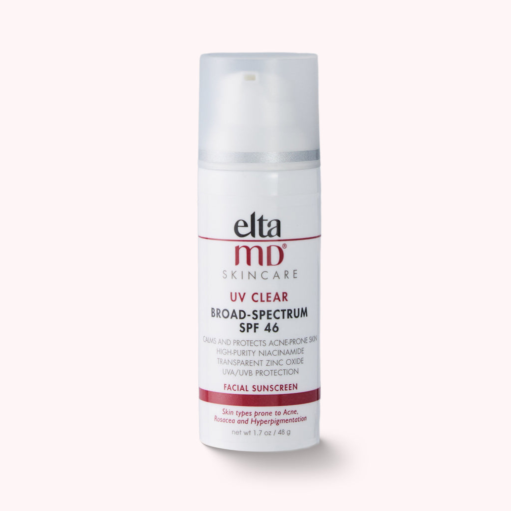 White bottle of ELTA MD SPF 46 UV CLEAR FACIAL SUNSCREEN with 1.7oz (48g) for Skin types prone to Acne.  Edit alt text
