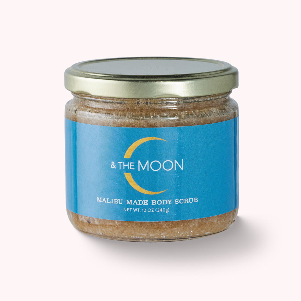 Glass container with 12oz (340g) of C & THE MOON BODY SCRUB with all-natural vanilla brown sugar body exfoliator that gently removes dead skin cells and replenishes the skin with hydrating organic oils and food-grade vanilla.